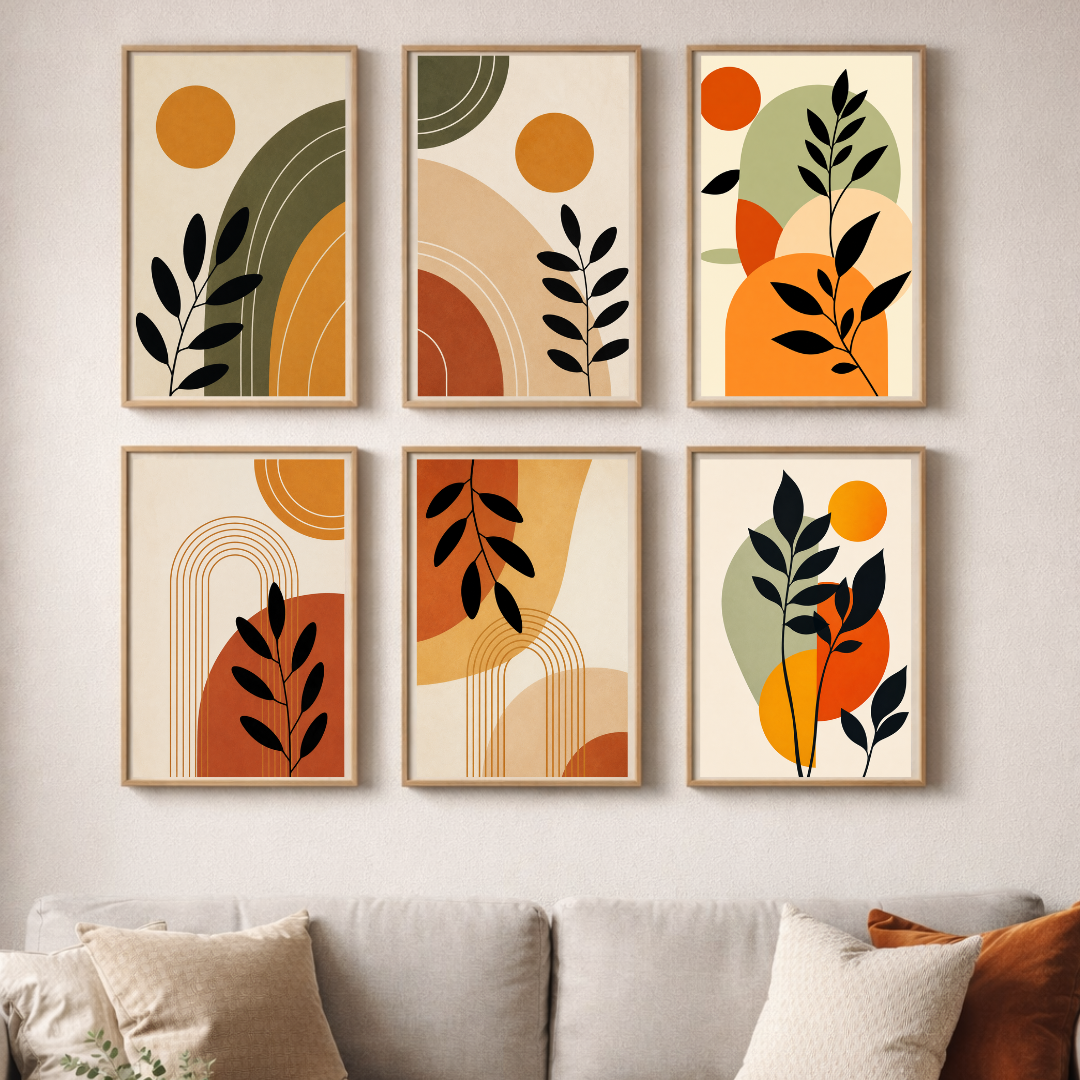 Earthy Botanical Abstract Wall Art Set – Modern Boho Gallery Collection (6-Piece Set)