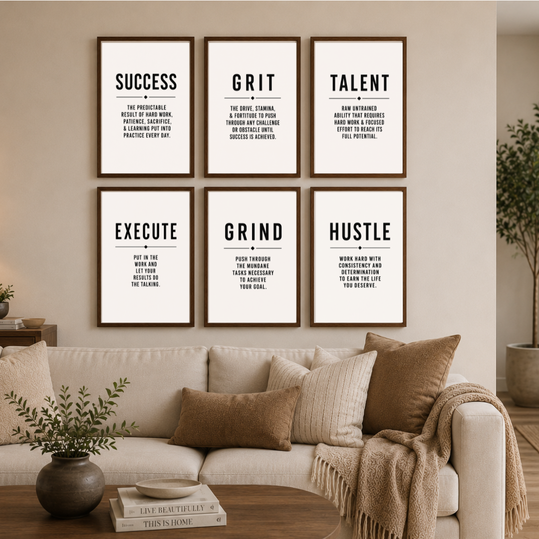 Success Mindset Motivational Poster Set – Success, Grit, Talent, Execute, Grind & Hustle Wall Art (Set of 6) | Decorxhome