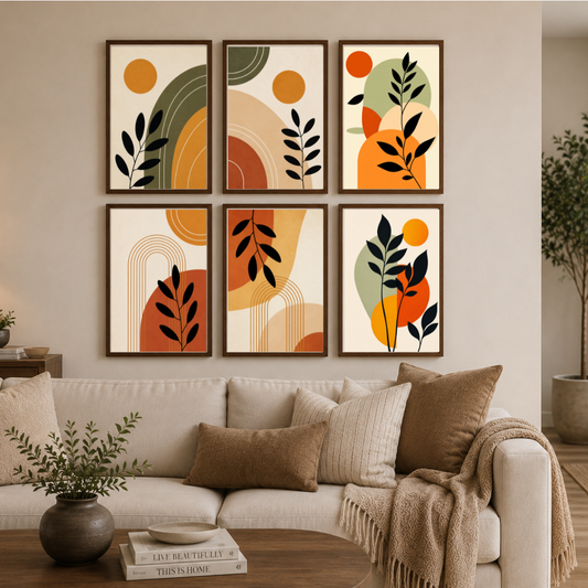 Earthy Botanical Abstract Wall Art Set – Modern Boho Gallery Collection (6-Piece Set)