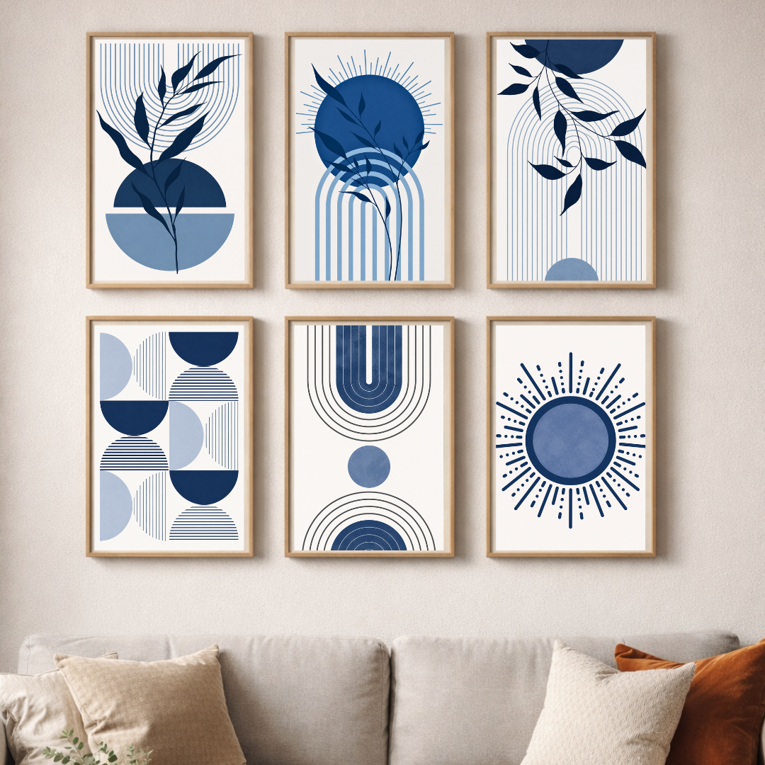Indigo Botanical Abstract Poster Set – Scandinavian Blue Geometric Wall Art (Set of 6) | Decorxhome