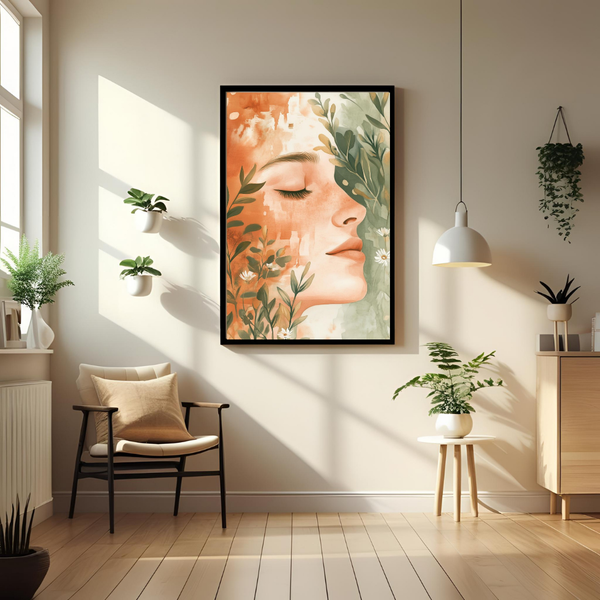 Boho Feminine Botanical Wall Art with Frame – Serene Abstract Decor for Home & Office