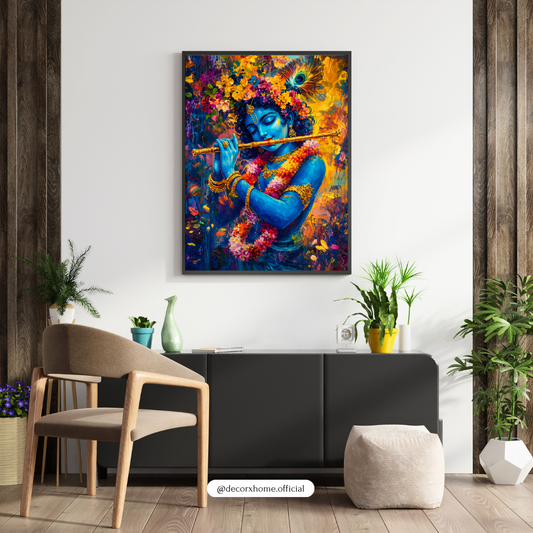 Krishna Wall Art Poster – Divine Flute Painting | Spiritual Canvas Print for Home Decor (Framed)
