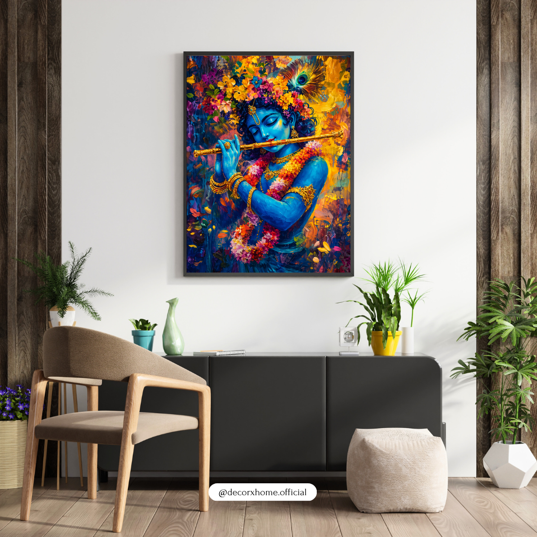 Krishna Wall Art Poster – Divine Flute Painting | Spiritual Canvas Print for Home Decor (Framed)