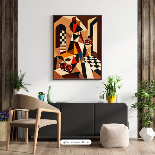 Geometric Cubist Still Life Wall Art Poster | Abstract Cherries & Checkerboard Design – Decorxhome