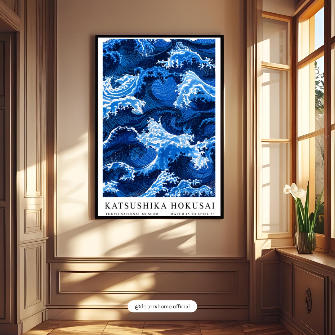 Japanese Ocean Waves Wall Art Poster | Hokusai-Inspired Coastal Blue Decor