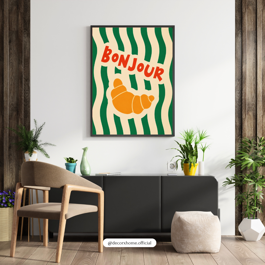 Bonjour Croissant Wall Art Poster | Retro French Café Aesthetic Print | Minimal Boho Kitchen Artwork | Decorexhome