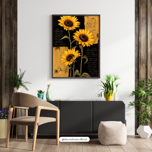 Vintage Sunflower Botanical Wall Art – Black & Gold Floral Aesthetic Poster | Decorxhome