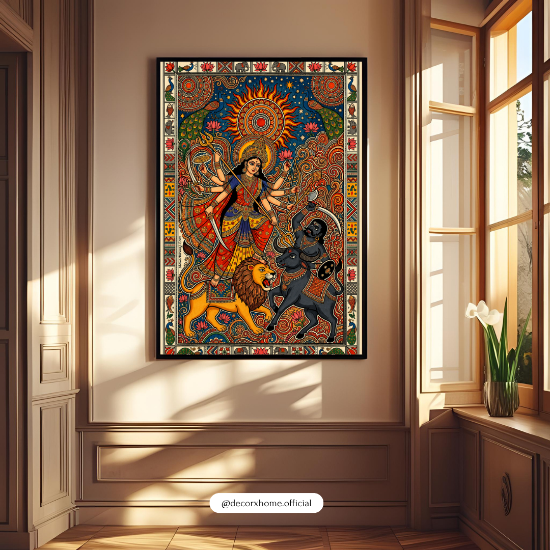 Goddess Durga Traditional Folk Art Wall Poster | Vibrant Indian Spiritual Decor