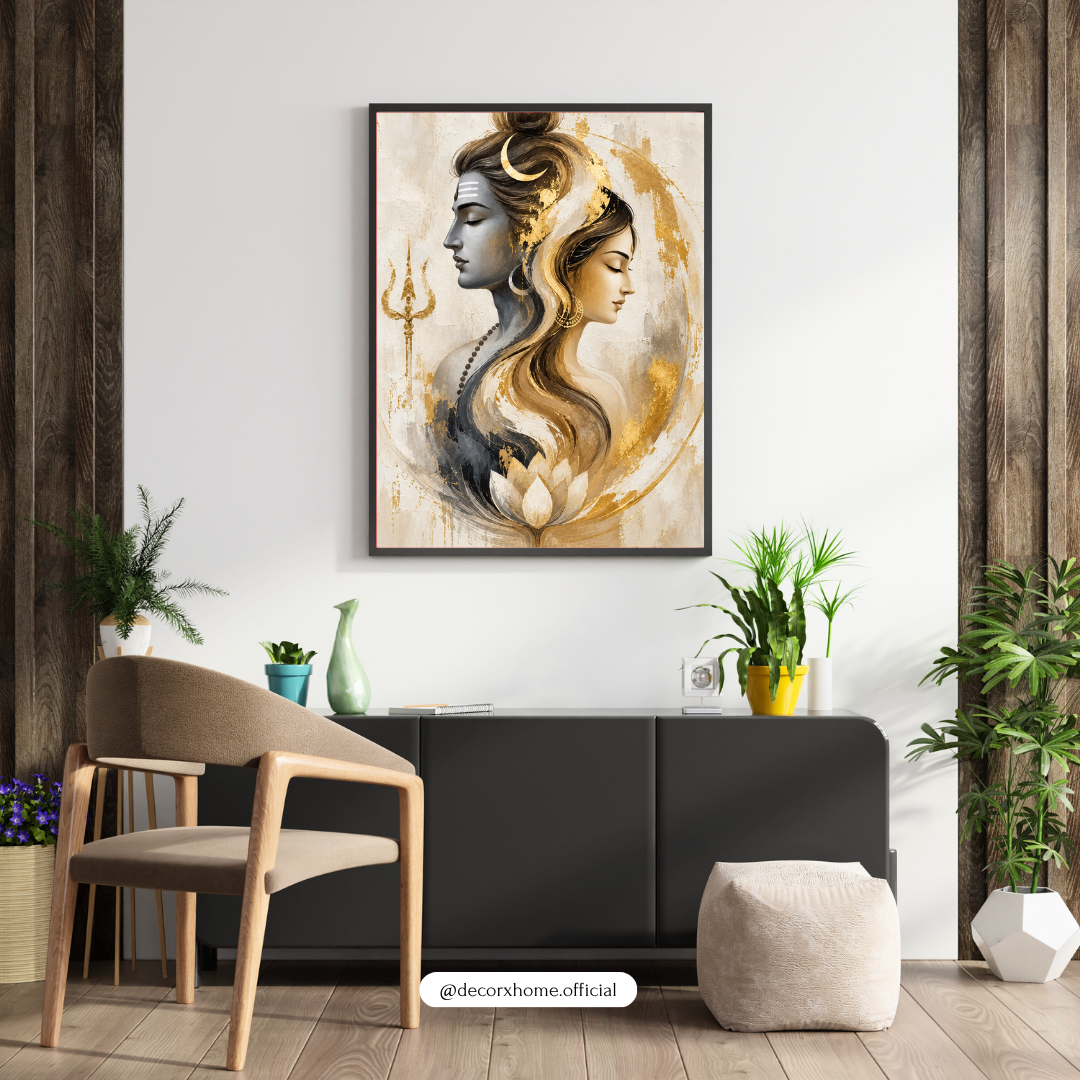 Shiva Parvati Wall Art Poster | Ardhanarishvara Inspired Divine Couple Artwork | Mahadev & Parvati Spiritual Wall Decor | Decorexhom