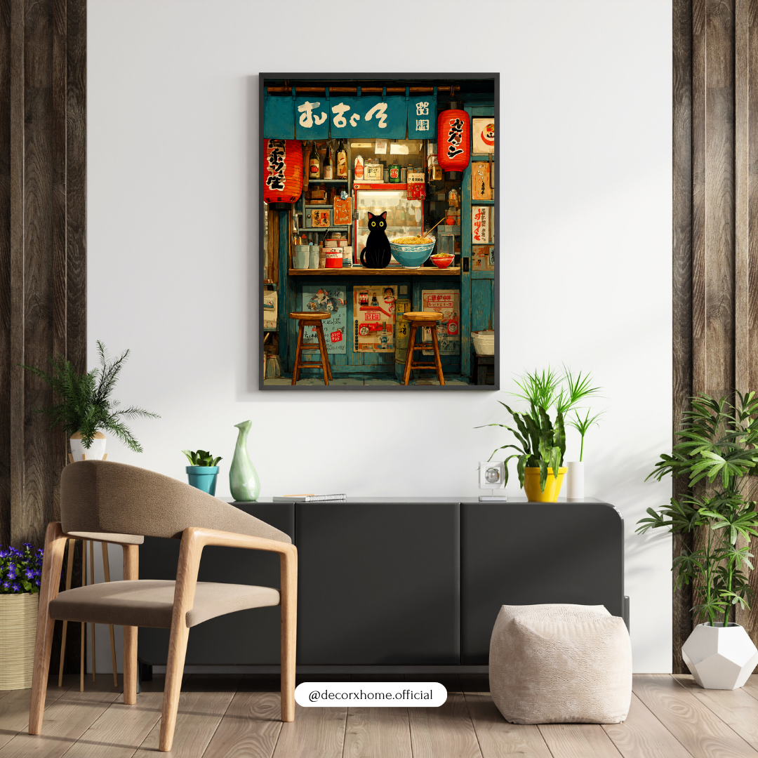 Japanese Ramen Shop & Black Cat Aesthetic Wall Art