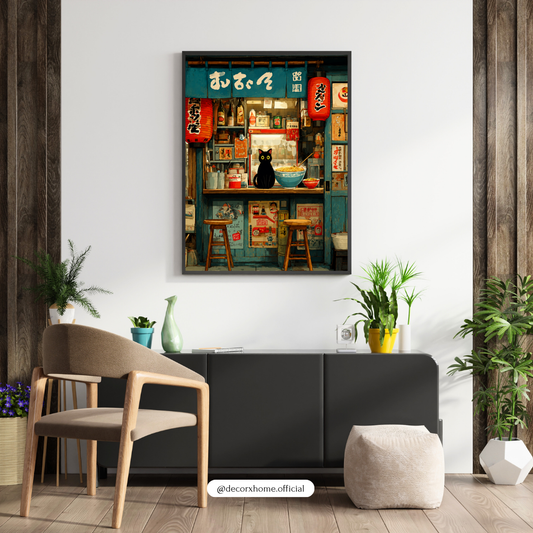 Japanese Ramen Shop & Black Cat Aesthetic Wall Art