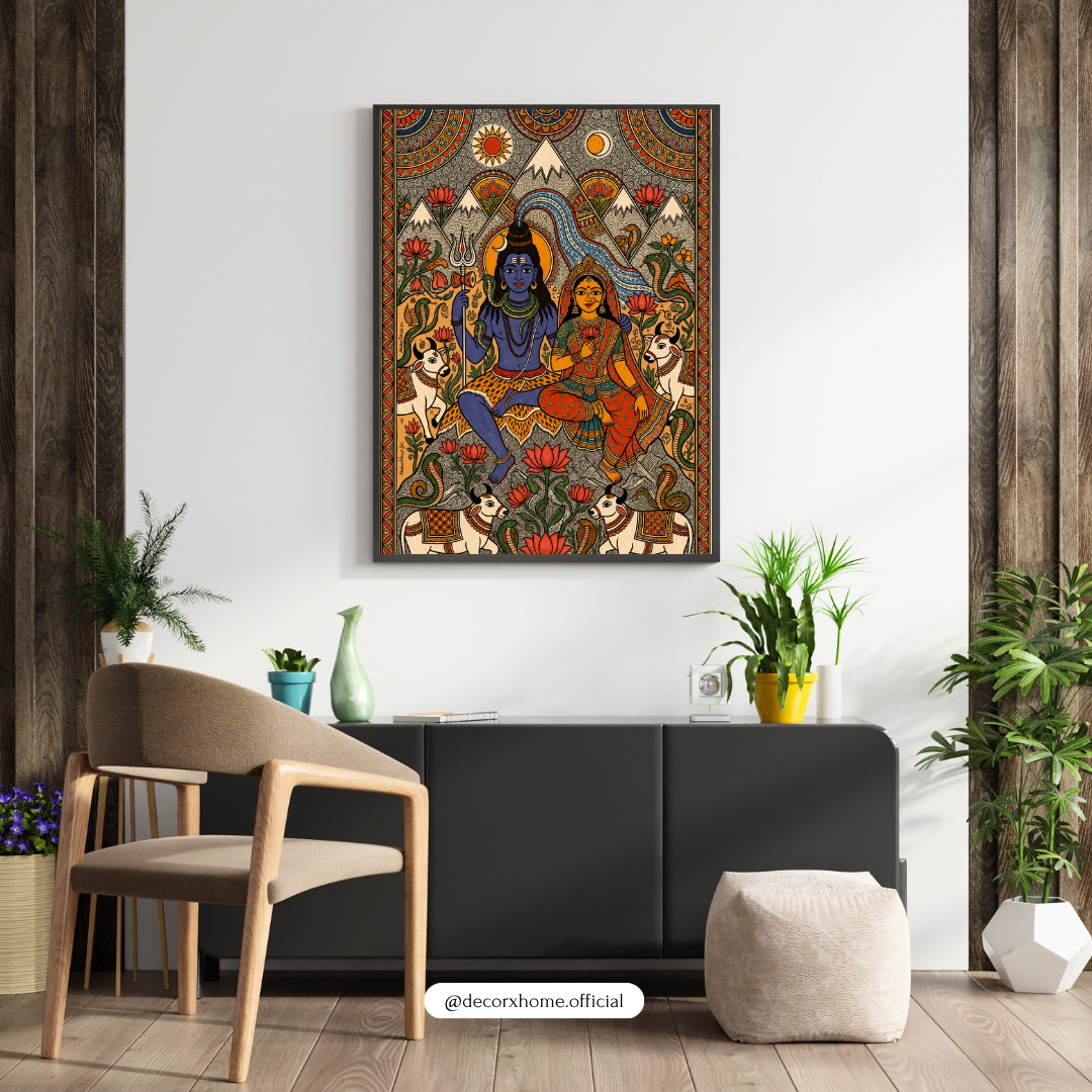 Lord Shiva & Parvati Madhubani Art Poster | Traditional Indian Spiritual Wall Decor | Mahadev & Devi Artwork | Decorexhome