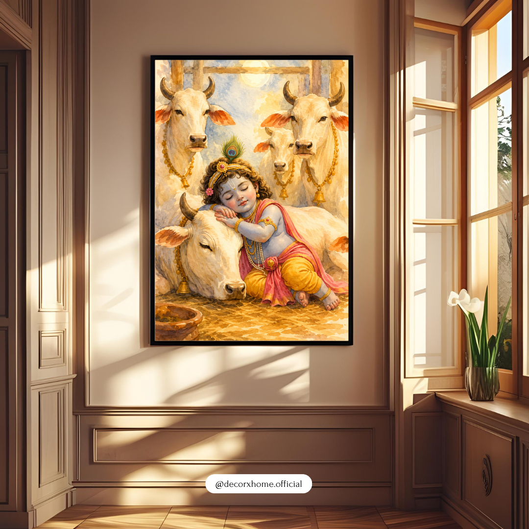 Decorxhome – Baby Krishna with Cows Spiritual Wall Art Poster