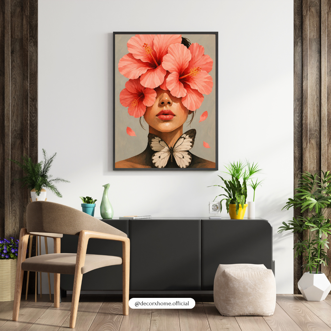 Floral Face Abstract Wall Art Poster – Modern Woman with Hibiscus Flowers & Butterfly | Aesthetic Minimal Art for Bedroom, Living Room & Studio Decor | Decorxhome