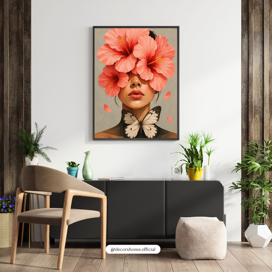 Floral Face Abstract Wall Art Poster – Modern Woman with Hibiscus Flowers & Butterfly | Aesthetic Minimal Art for Bedroom, Living Room & Studio Decor | Decorxhome