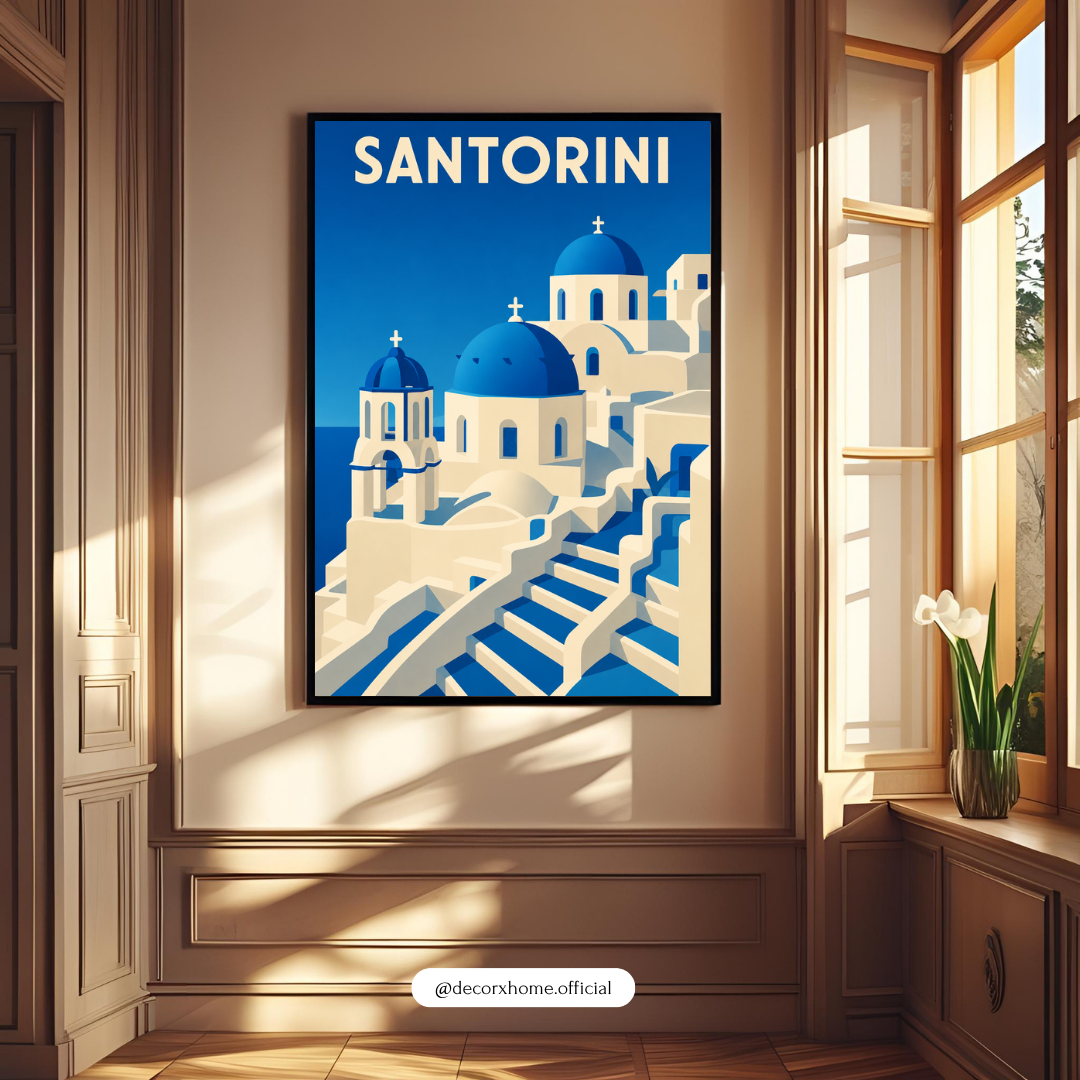 Santorini Greece Travel Poster | Minimalist Mediterranean Wall Art by DecorxHome