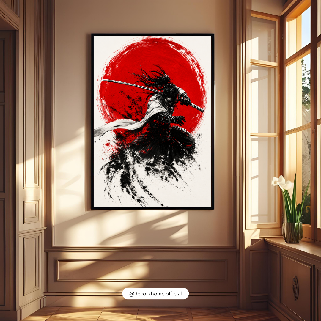 Crimson Eclipse Samurai Poster – Japanese Ink Art Wall Decor