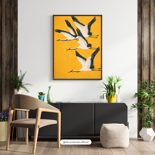 Golden Crane Flight Wall Art | Japanese Minimalist Bird Poster | Vibrant Yellow Nature Decor | Decorxhome