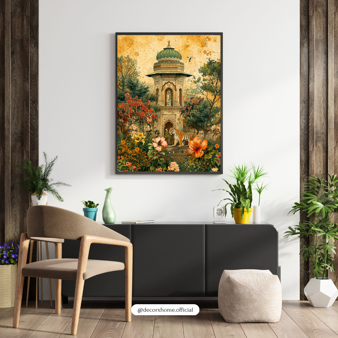 Royal Garden Pavilion with Tiger – Vintage Palace Floral Wall Art Poster | DecorxHome