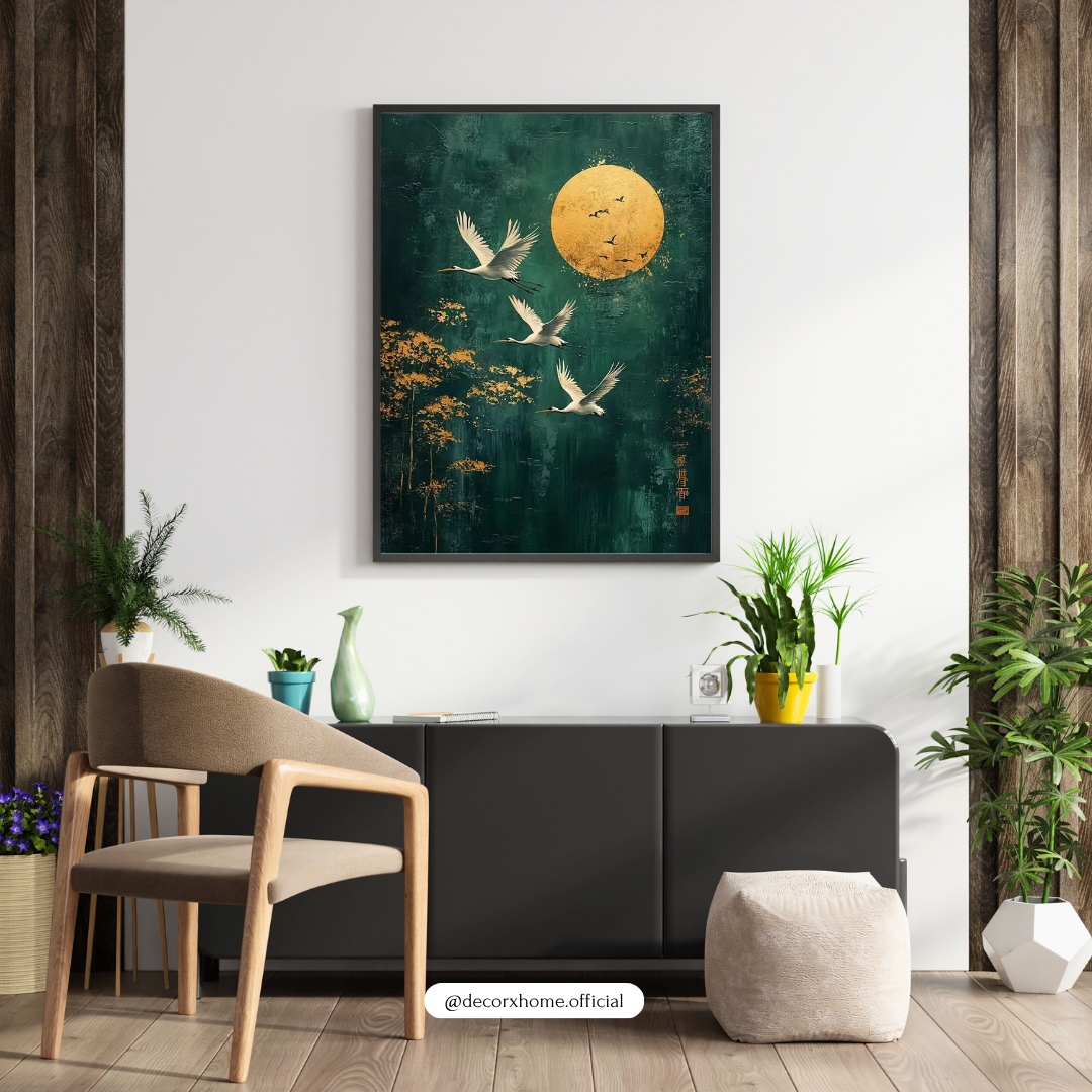 Golden Moon & Flying Cranes Wall Art | Japanese-Inspired Nature Poster | Elegant Minimal Decor | Decorxhome