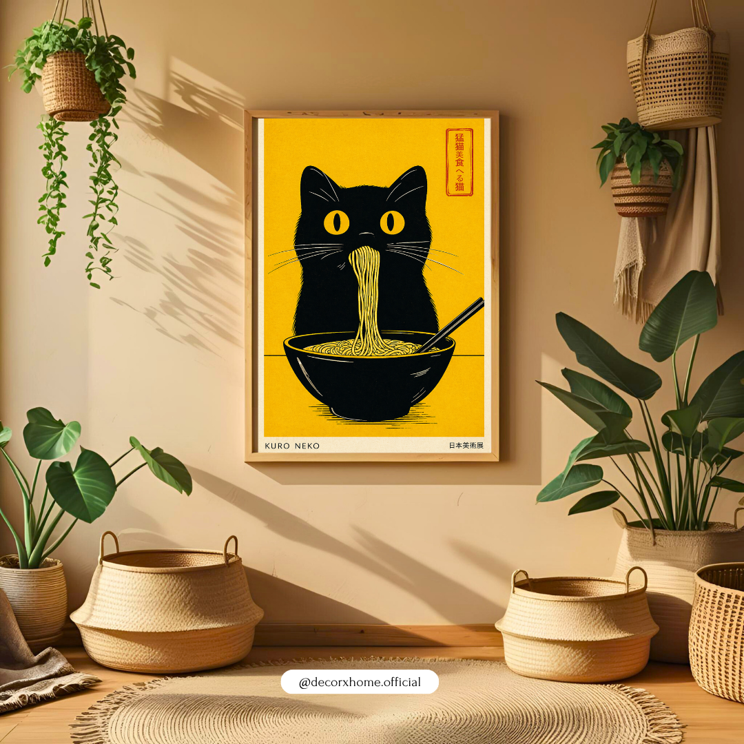 Ramen Cat Wall Art Poster – Japanese Style Funny Cat Print | Minimal Food Aesthetic Decor (Framed)