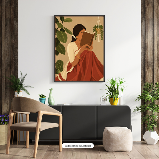 Serene Reader in Saree – Cozy Indian Aesthetic Wall Art Poster | DecorxHome