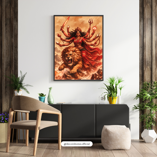 Goddess Durga with Lion Wall Art | Maa Durga Poster & Framed Artwork