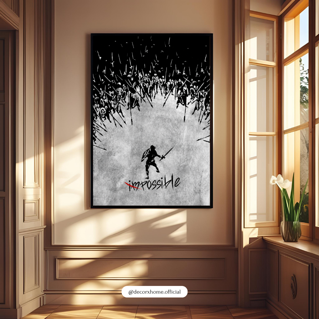 DecorexHome “Impossible” Warrior Motivation Poster | Minimal Black & White Inspirational Wall Art | Spartan Battle Artwork | Modern Mindset Decor