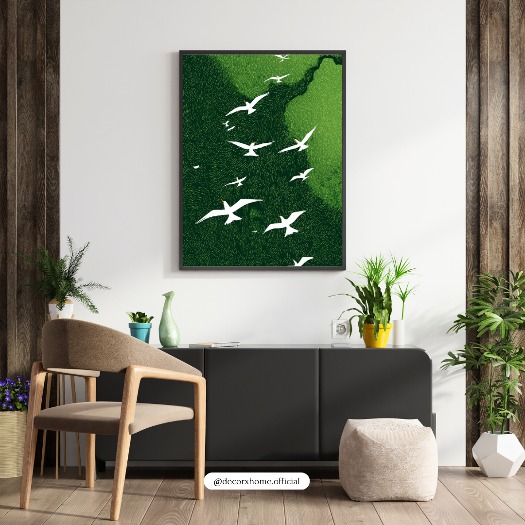 Soaring Birds Over Green Valley – Minimal Nature Wall Poster by Decorxhome