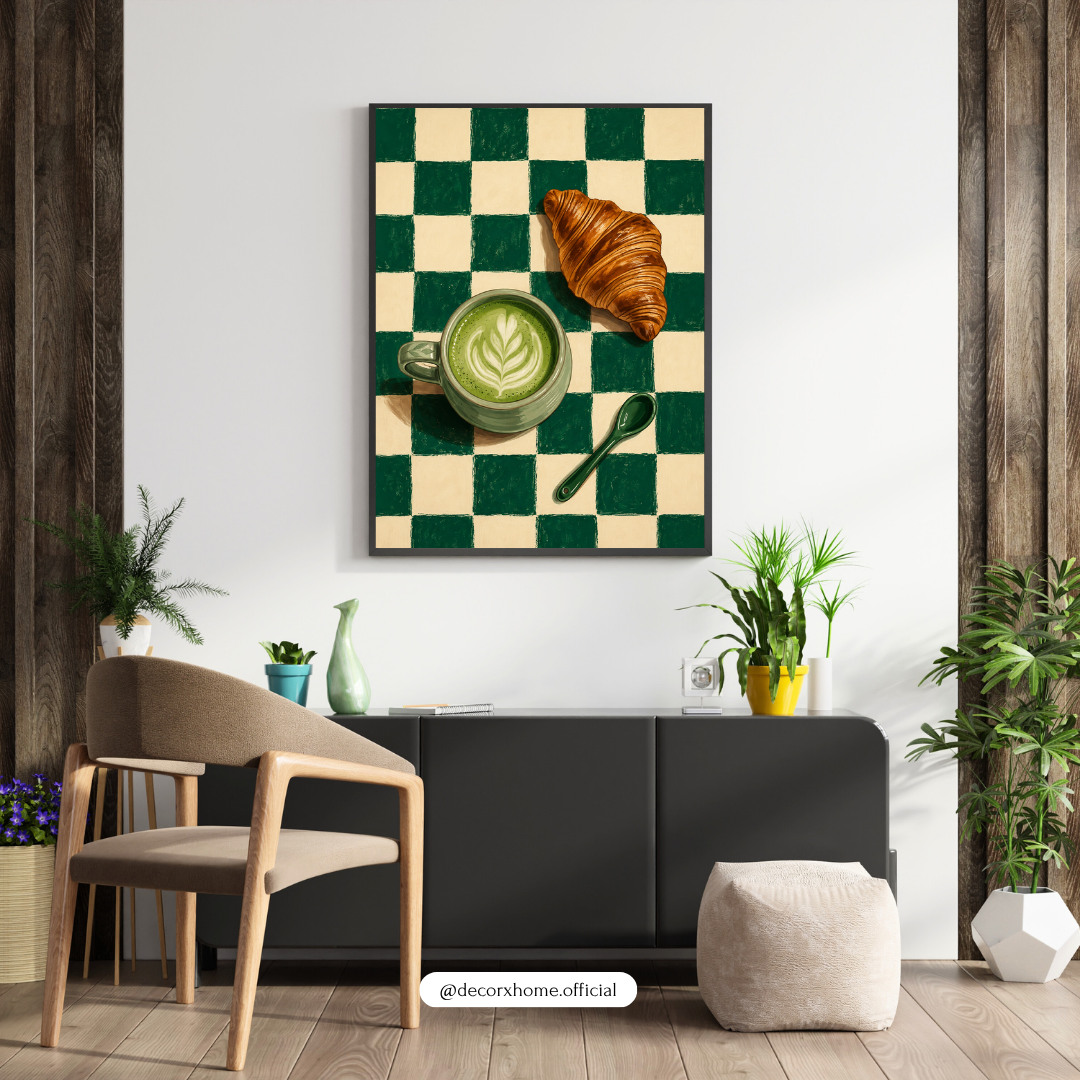 Green Checkerboard Matcha & Croissant Wall Art