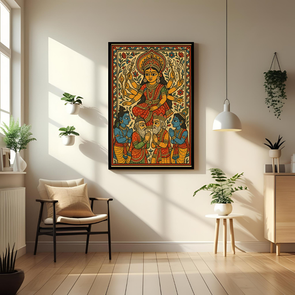Maa Durga Blessing Poster – Traditional Indian Folk Art Wall Décor 🙏✨