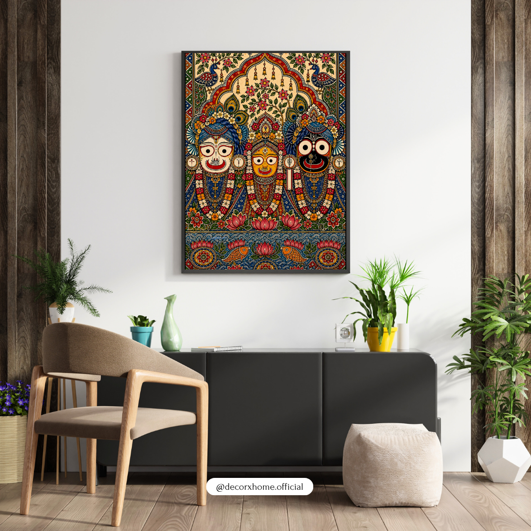 Jagannath Balabhadra Subhadra Poster | Traditional Indian Folk Art Wall Decor | Puri Jagannath Spiritual Art | Decorexhome