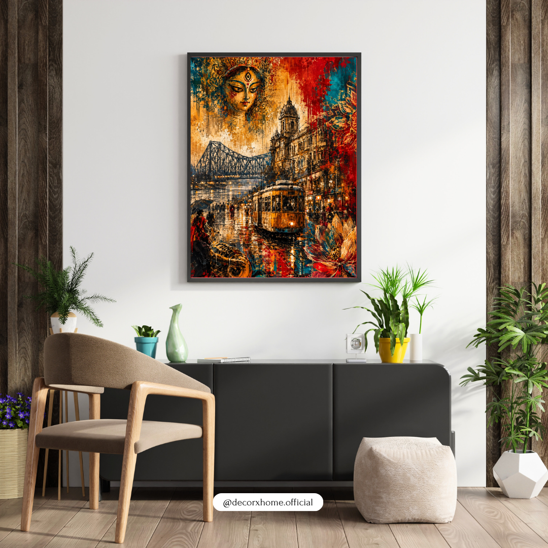 Kolkata Heritage Wall Art Poster | Maa Durga, Howrah Bridge & Vintage Tram – Decorxhome