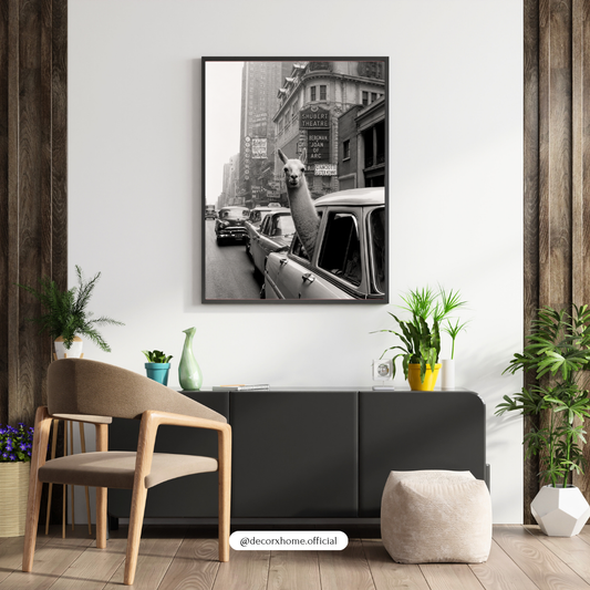 Funny Llama in New York Taxi Wall Art Poster | Vintage Black & White City Photography Print | Decorexhome
