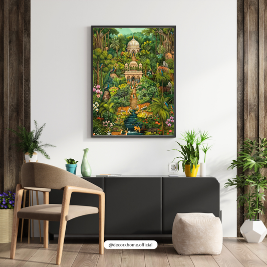 Royal Jungle Palace Wall Art – Indian Wildlife & Heritage Botanical Poster | Decorxhome