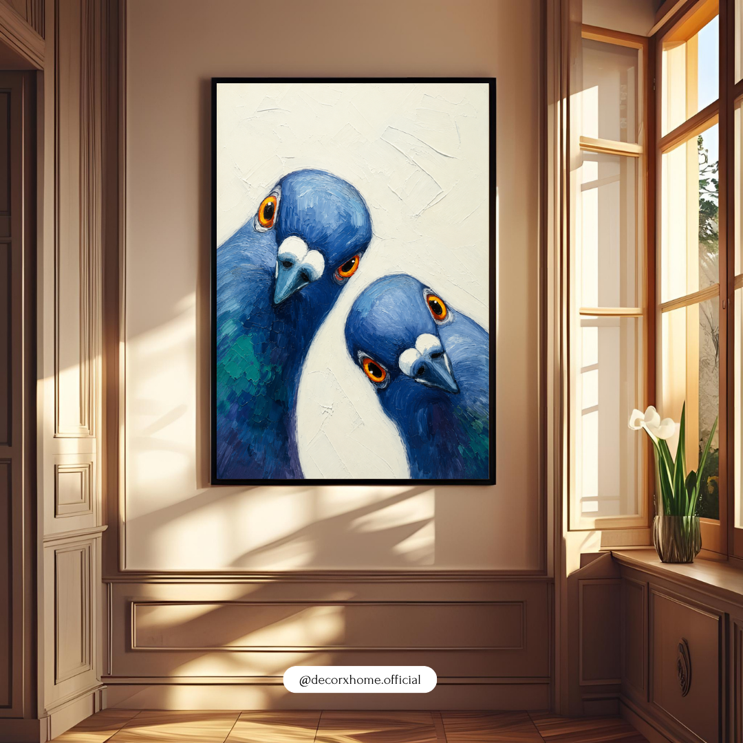 Curious Blue Pigeons Poster | Whimsical Animal Wall Art by DecorxHome