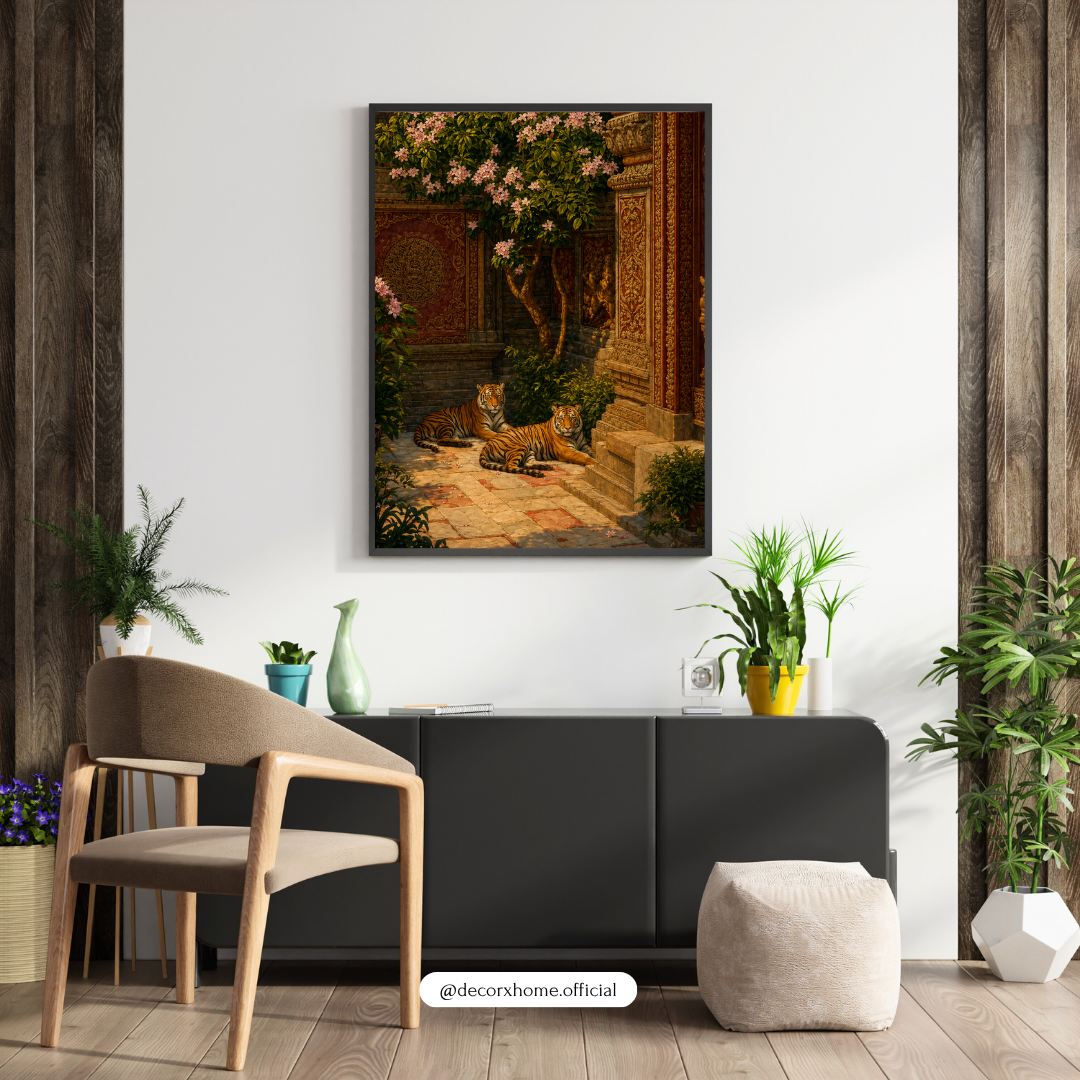 Royal Tigers in Palace Garden – Premium Aesthetic Wall Art Poster | DecorxHome