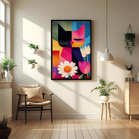 Geometric Cat & Floral Wall Art – Framed Modern Art Print for Living Room, Bedroom & Office