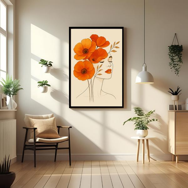 Boho Floral Femme Wall Art with Frame – Elegant Botanical Line Art for Living Room, Bedroom & Office Decor