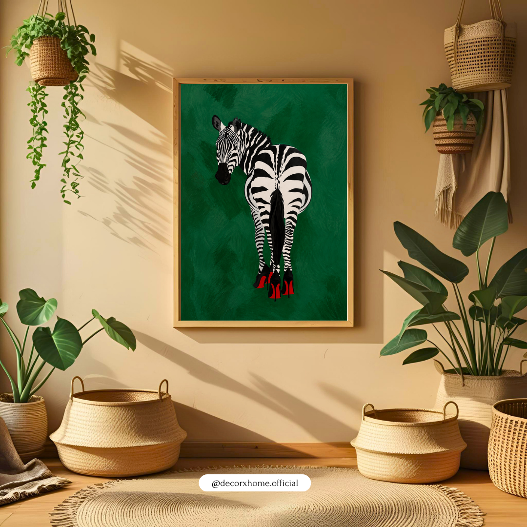 Fashion Zebra Wall Poster | Modern Animal Art with Red Heels by DecorxHome