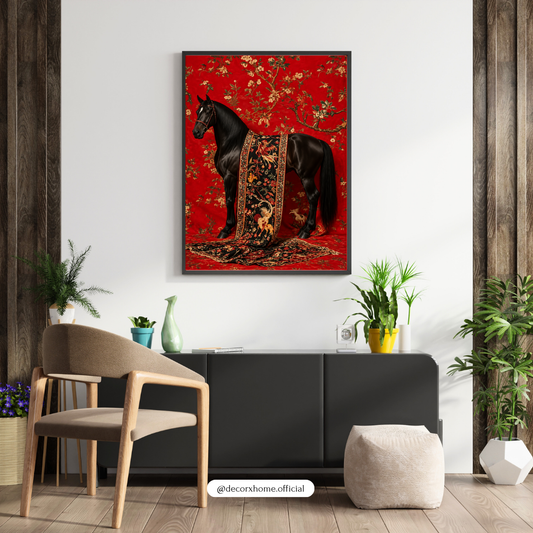 Black Horse & Red Floral Tapestry Poster | Elegant Vintage Horse Wall Art | Luxury Decor | Decorxhom