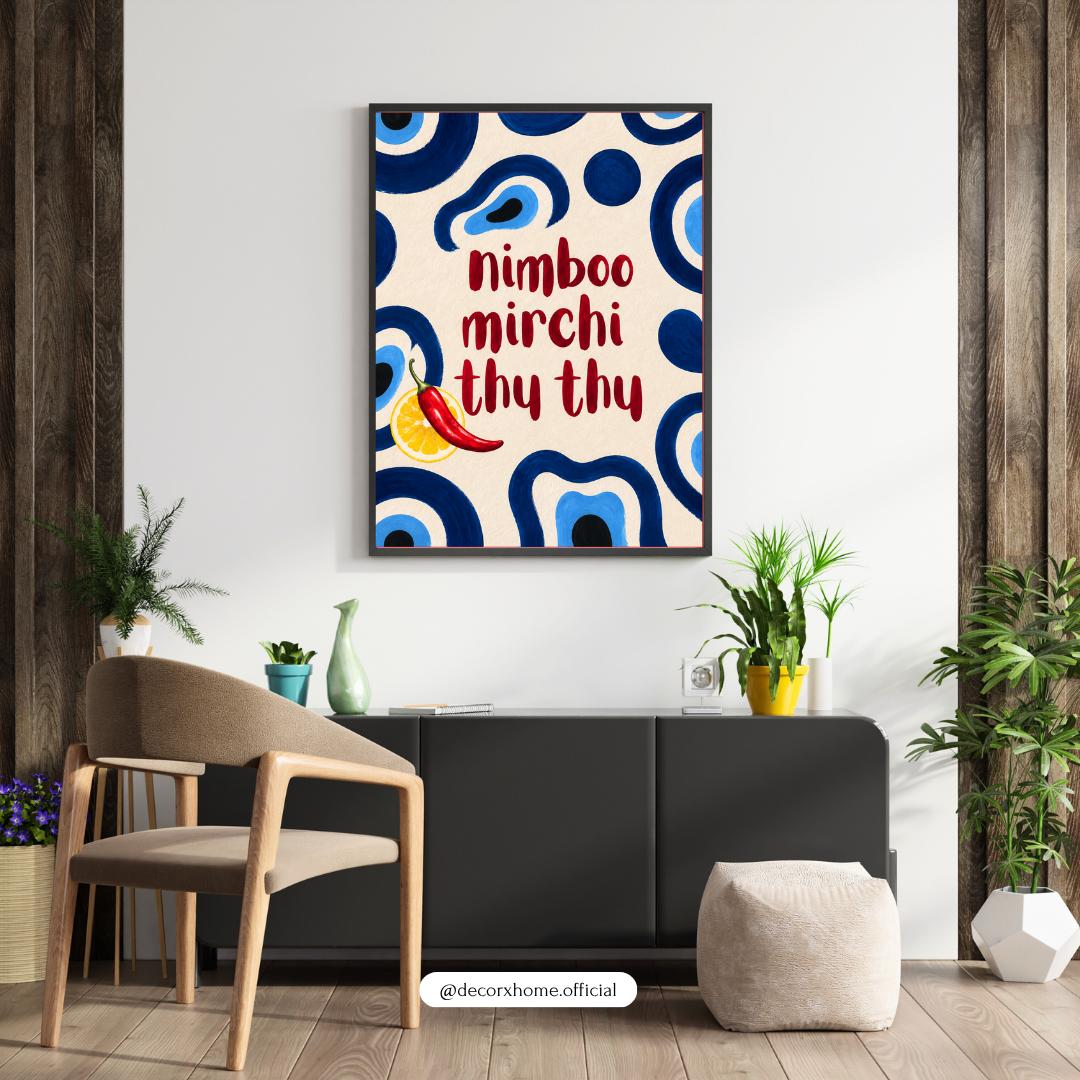 Nimboo Mirchi Thy Thy Wall Art | Indian Desi Quote Poster | Quirky Kitchen & Home Décor | Blue & Red Wall Art | Decorxhome