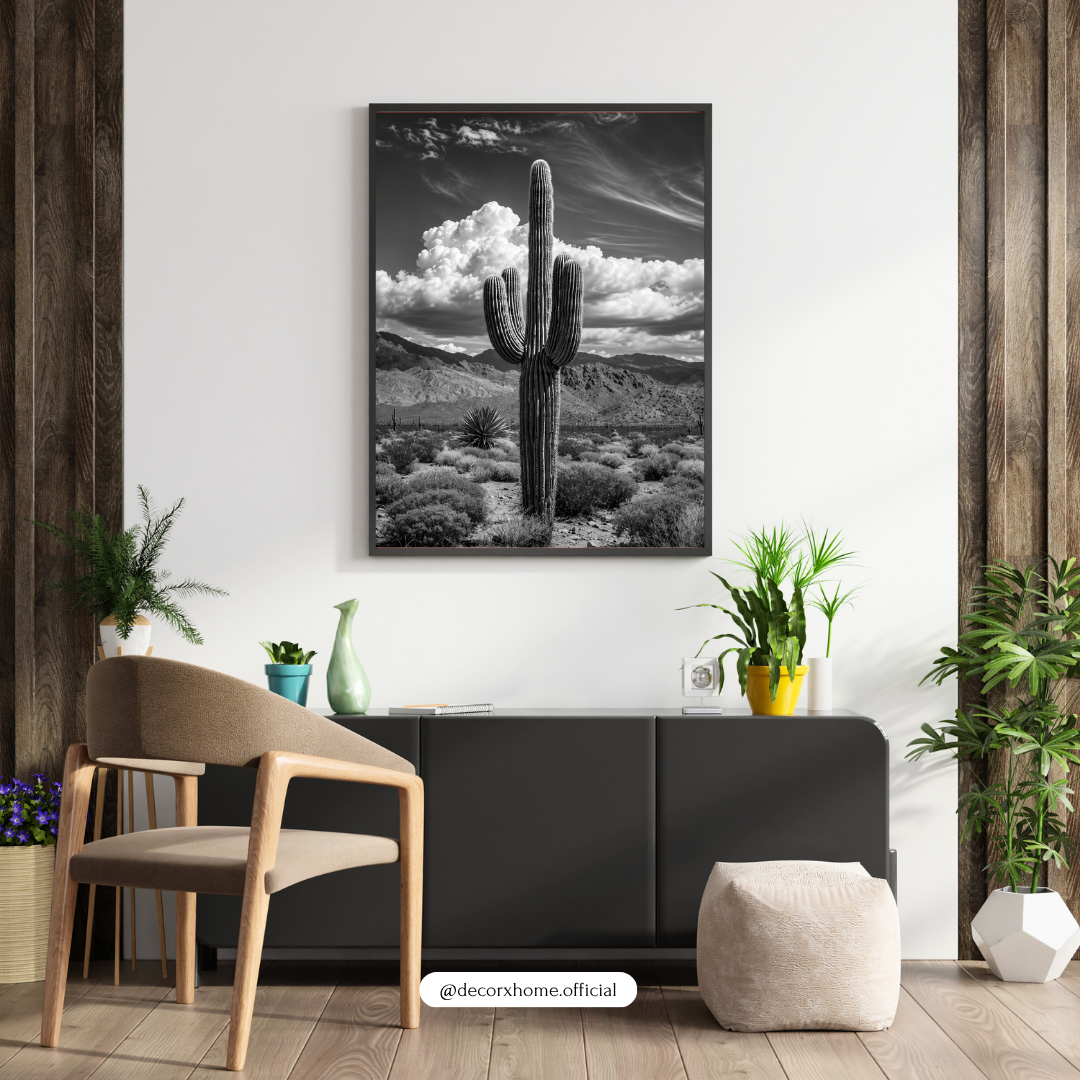 DecorexHome Black & White Cactus Desert Wall Art Poster | Minimalist Botanical Photography Decor