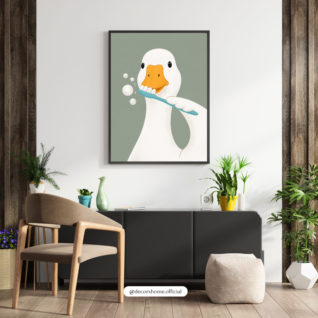 Brushing Duck Poster | Cute Bathroom Duck Wall Art for Modern & Kids Decor – Decorxhome