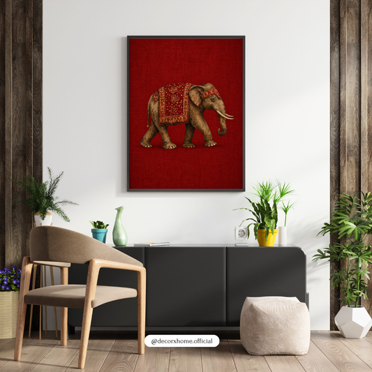 Royal Elephant on Crimson – Minimal Indian Heritage Wall Art Poster | DecorxHome