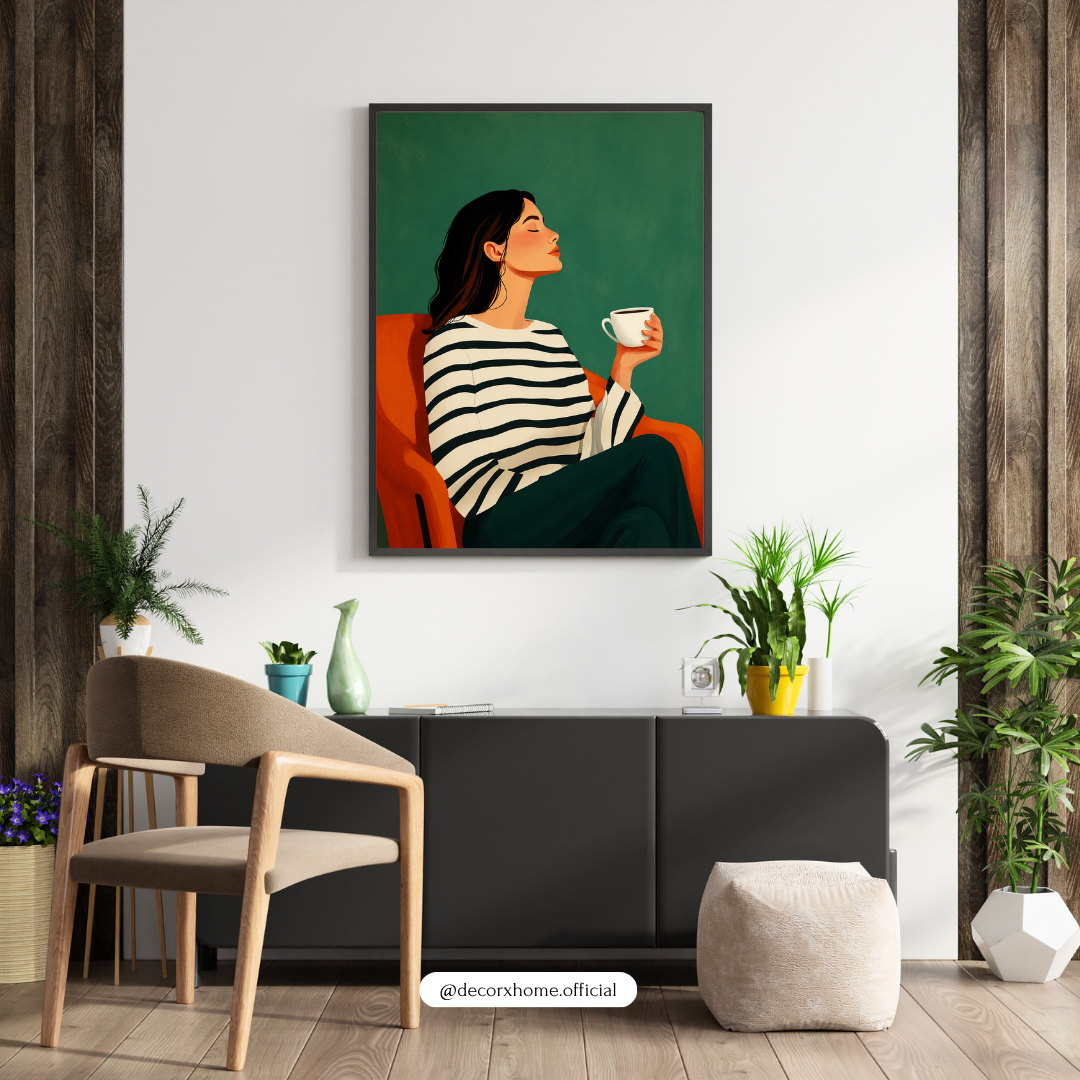 Morning Coffee Bliss – Modern Minimal Woman Portrait Wall Art Poster | DecorxHome