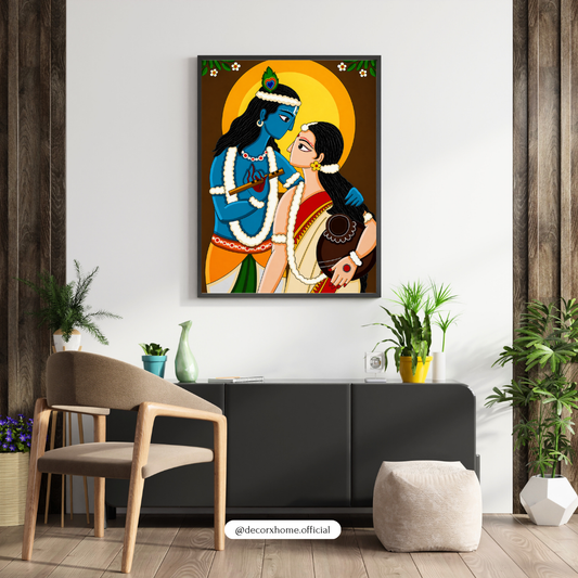 Radha Krishna Divine Love Wall Art Poster – Traditional Indian Folk Style Spiritual Painting | Decorxhome