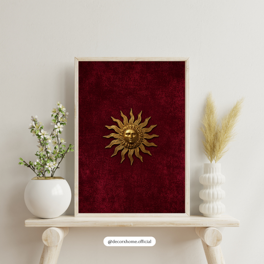 Minimalist Surya Emblem Poster | Golden Sun Symbol Wall Art on Crimson Red Background | Decorxhome