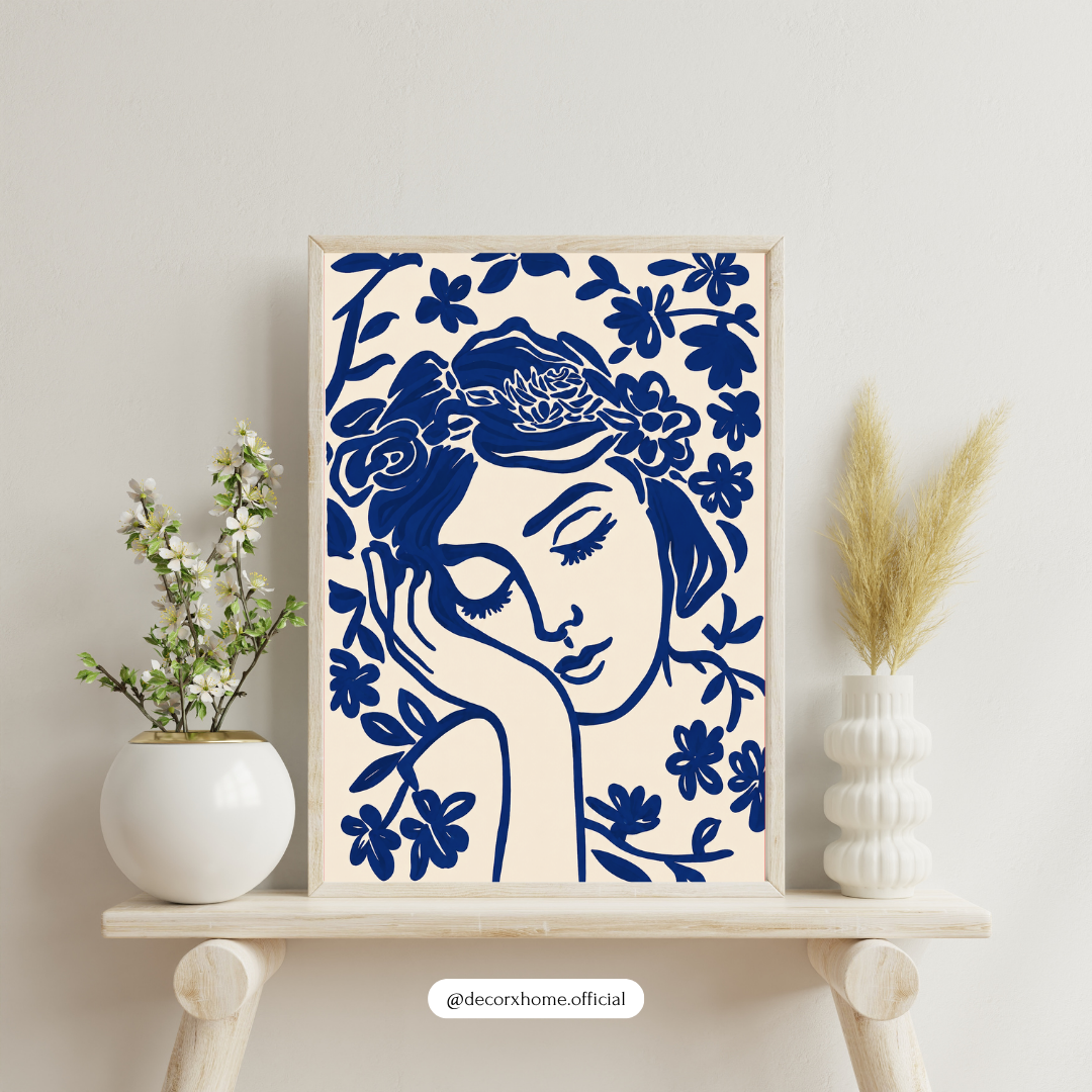 Blue Muse Floral Portrait Poster – Modern Feminine Botanical Wall Art