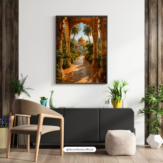 Royal Palace Garden Wall Art Poster – Indian Heritage Architecture Print | Vintage Aesthetic Canvas Decor (Framed)